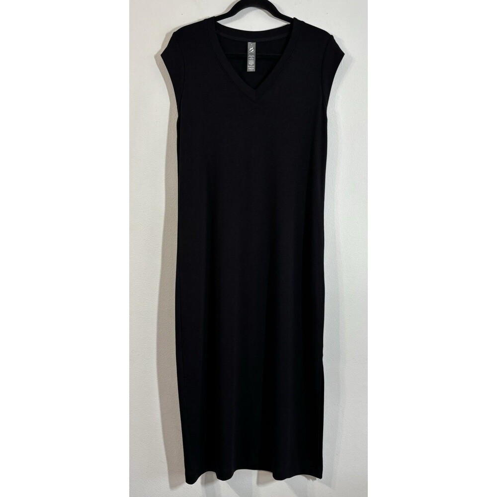 Lou & Grey Women's Black V-Neck Cap Sleeve Midi Maxi Dress Size M Soft Stretch